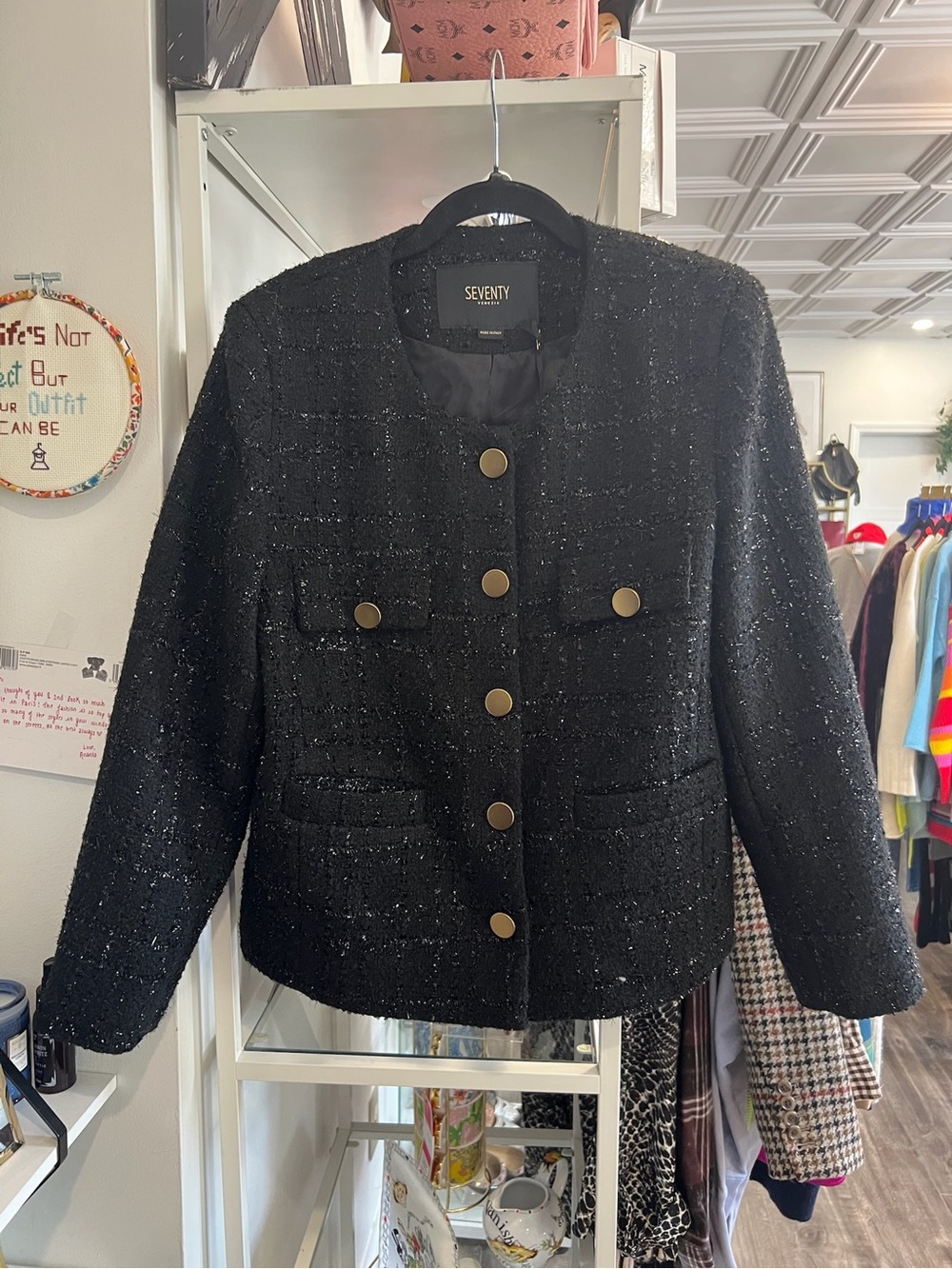 Seventy Black Tweed Gold-Button Boxy Jacket NWT